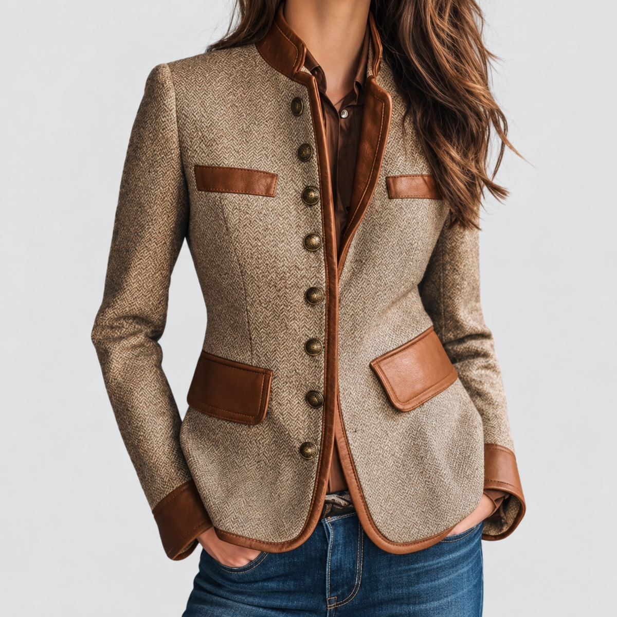 Jessamine-May | Women’s Tailored Tweed Blazer with Contrast Trim — Brown