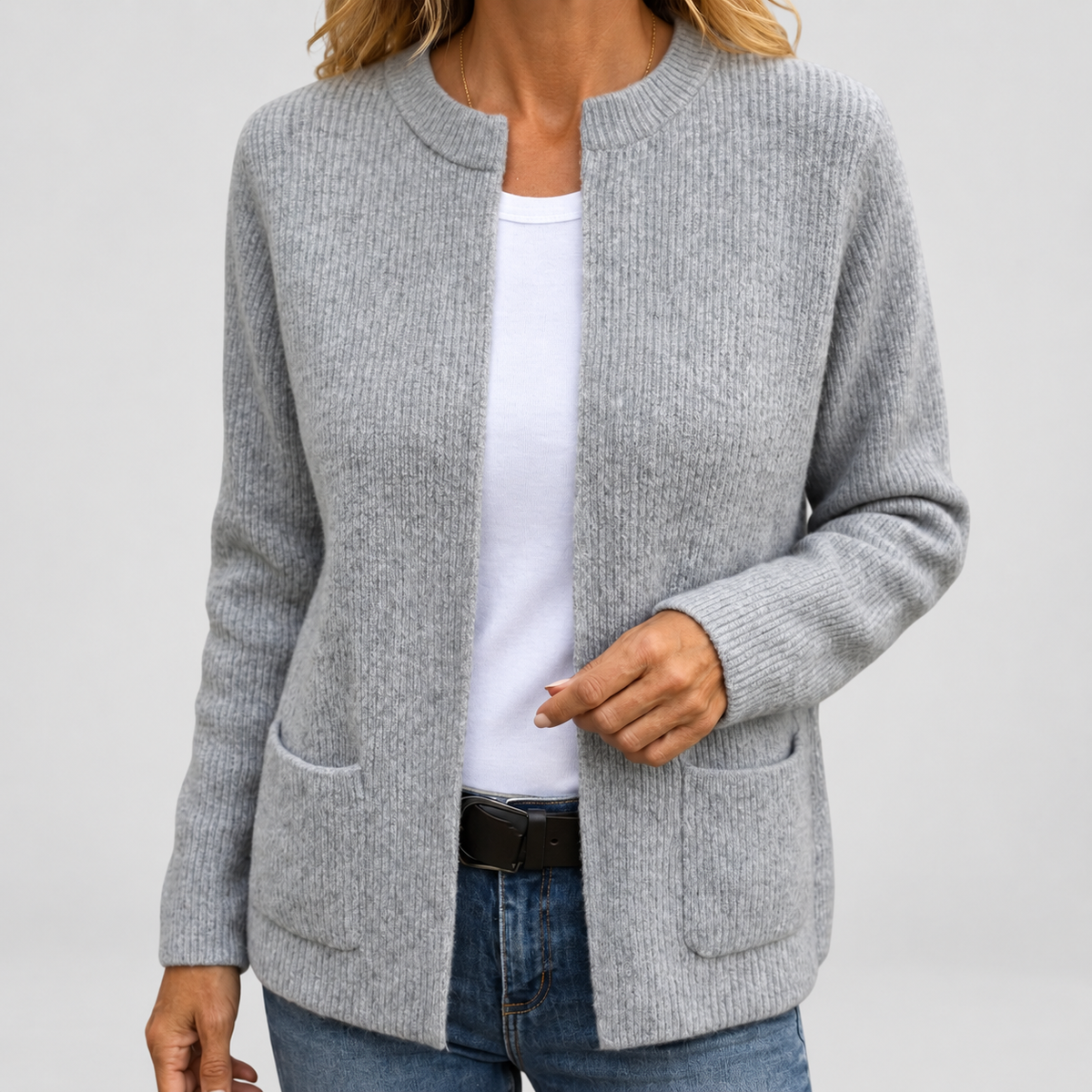 Jessamine | Women’s Zip-Front Knit Cardigan with Pockets — Grey