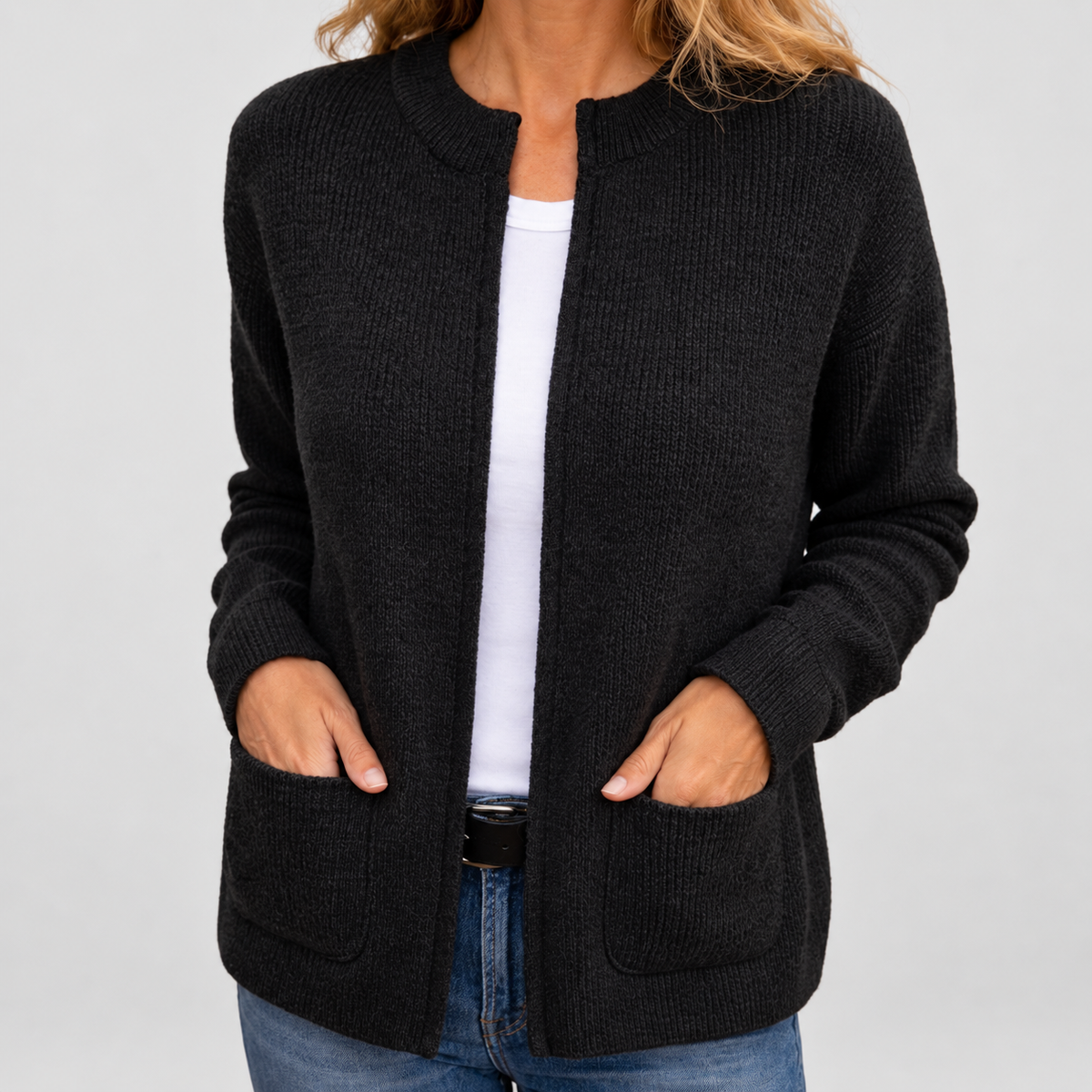 Jessamine | Women’s Zip-Front Knit Cardigan with Pockets — Black