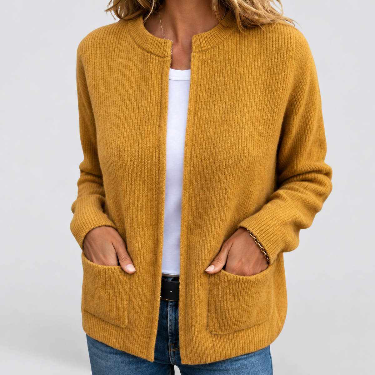 Jessamine | Women’s Zip-Front Knit Cardigan with Pockets — Yellow