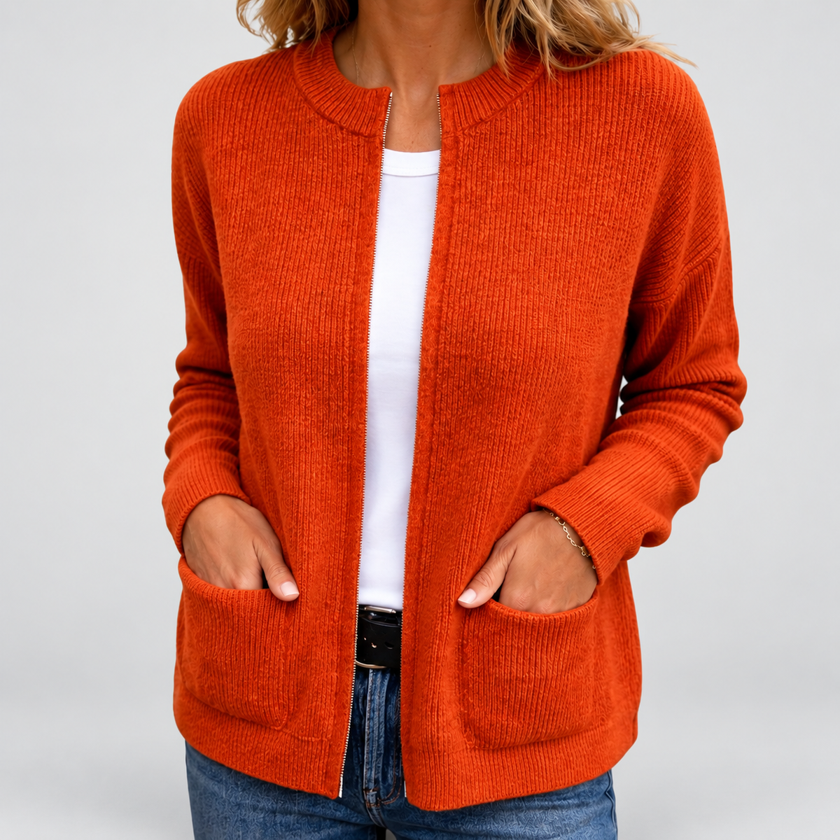 Jessamine | Women’s Zip-Front Knit Cardigan with Pockets — Orange