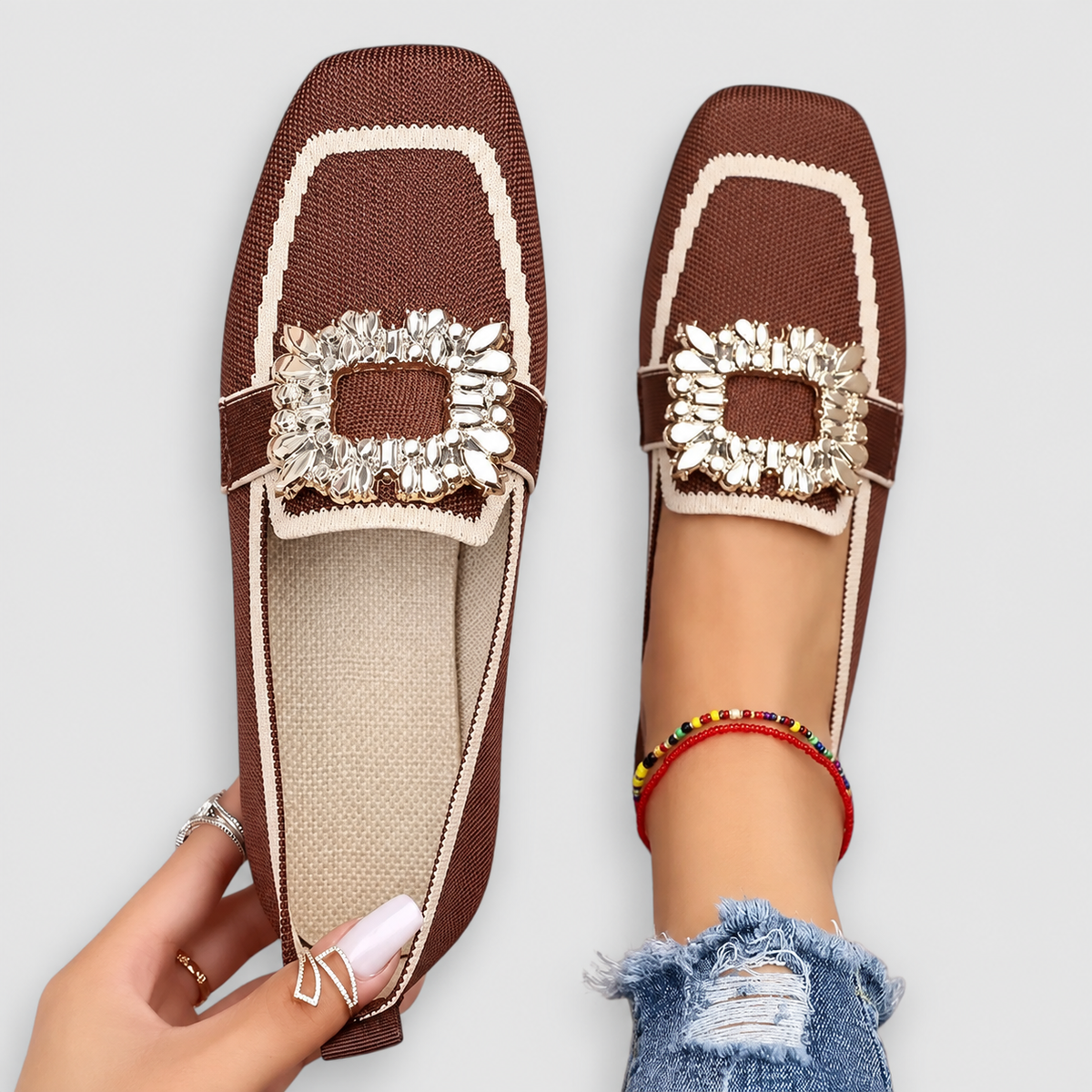 Joelle | Women’s Square-Toe Buckle-Detail Loafers — Brown
