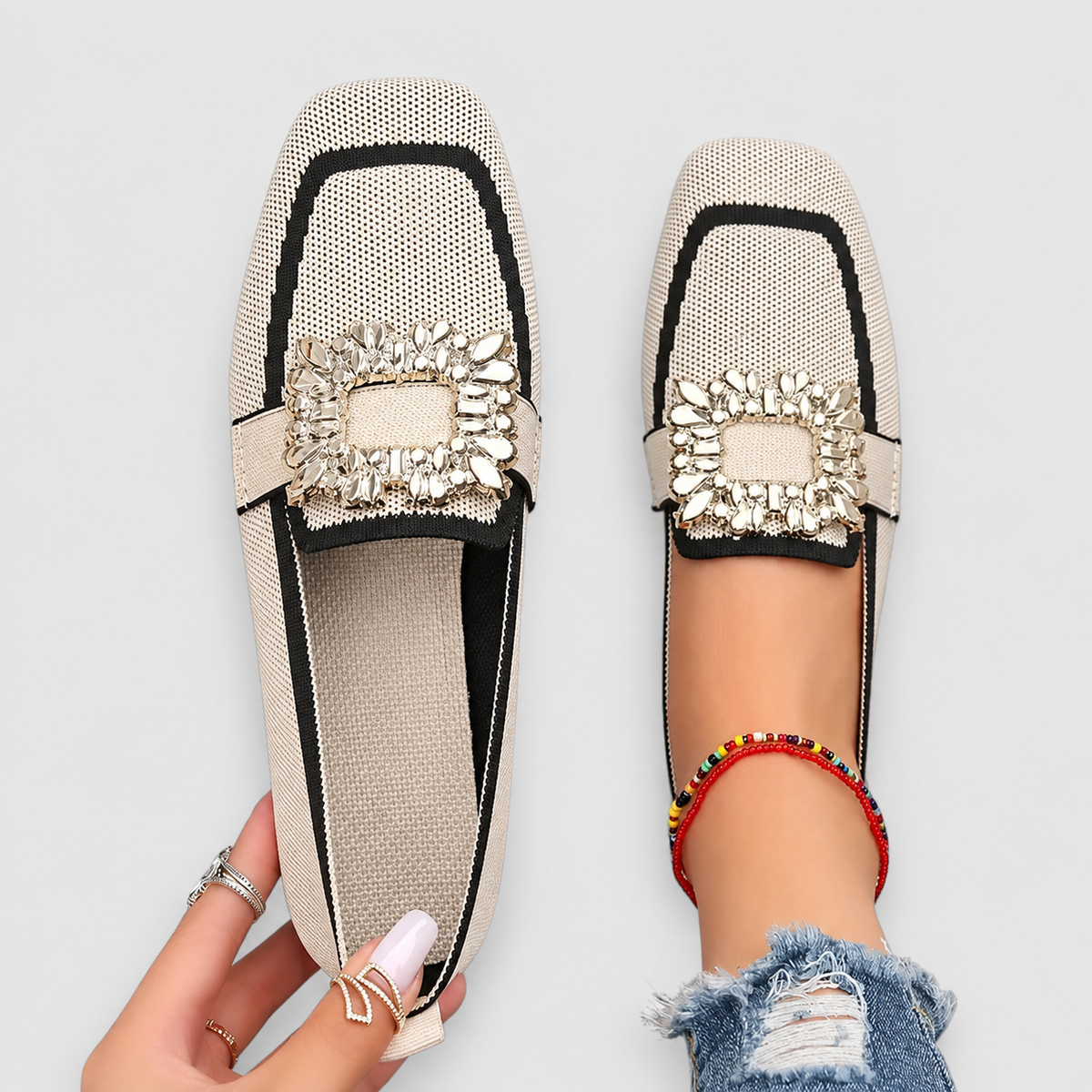 Joelle | Women’s Square-Toe Buckle-Detail Loafers — Beige