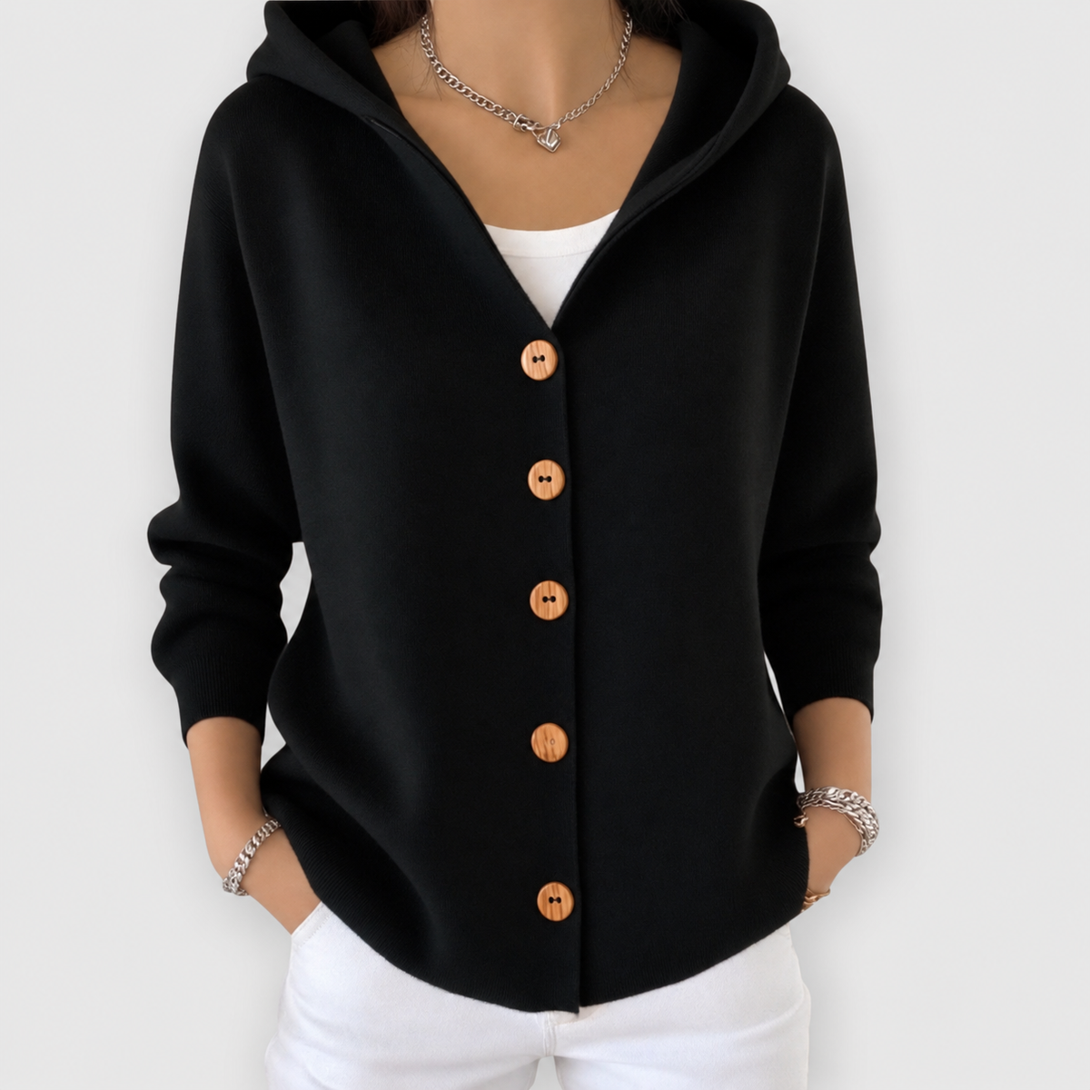 Juliana | Women’s Hooded Button-Front Cardigan — Black