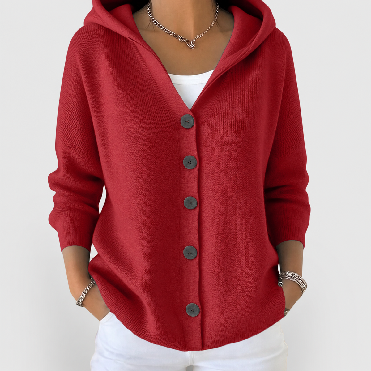 Juliana | Women’s Hooded Button-Front Cardigan — Red