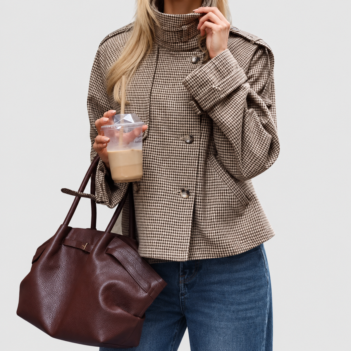 Juliette-Claire | Women’s Houndstooth Stand-Collar Button-Front Jacket — Khaki