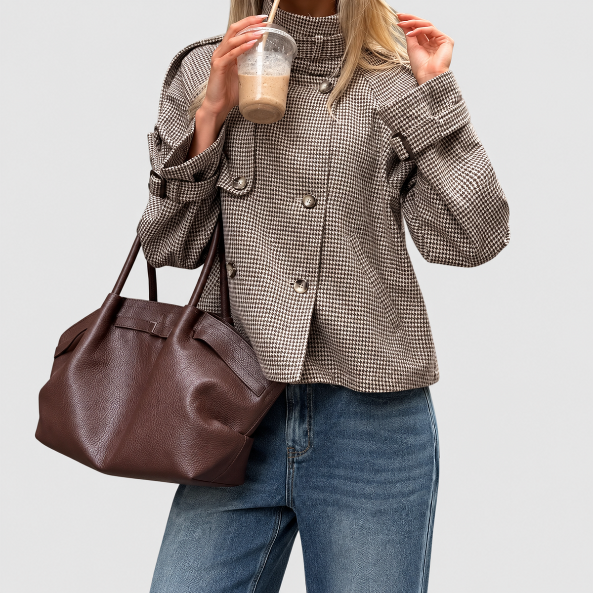 Juliette-Claire | Women’s Houndstooth Stand-Collar Button-Front Jacket — Khaki