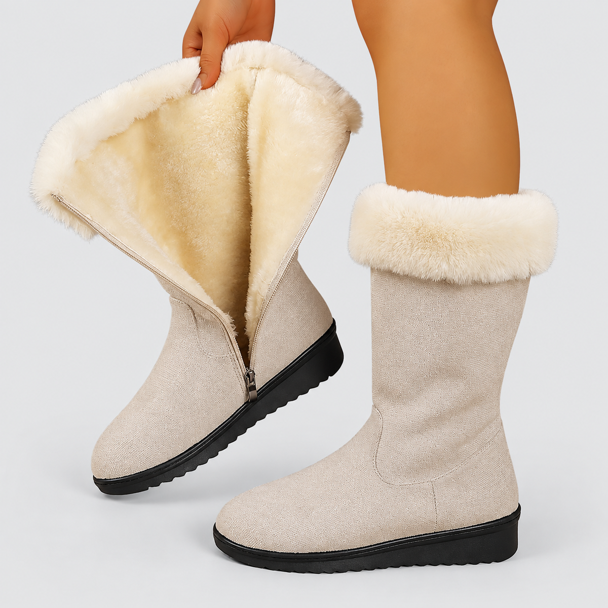 June | Women’s Lined Winter Boots with Side Zip — Beige