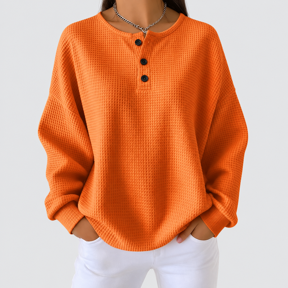 Kalliope | Women’s Waffle-Knit Henley Sweater — Orange