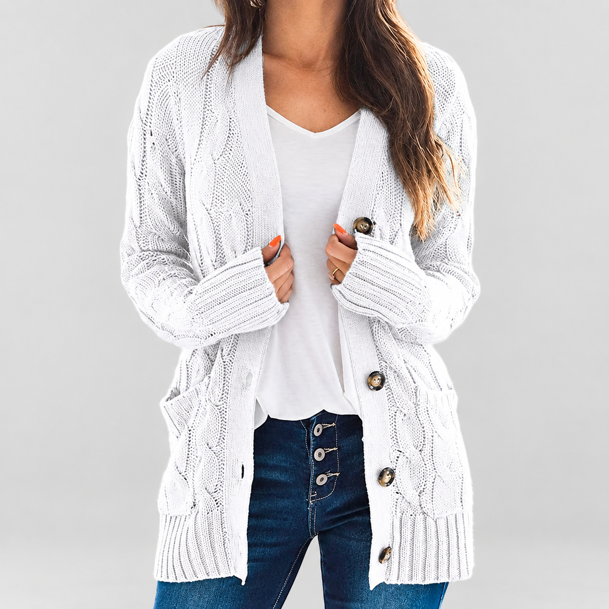 Karina | Women’s Long-Sleeve Button-Front Cable-Knit Cardigan — White