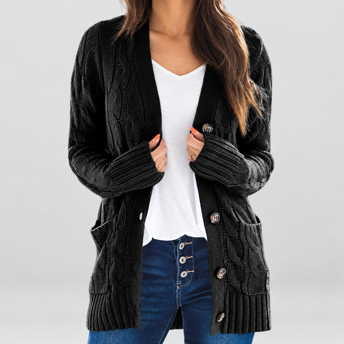 Karina | Women’s Long-Sleeve Button-Front Cable-Knit Cardigan — Black