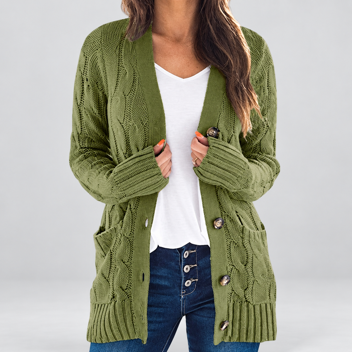 Karina | Women’s Long-Sleeve Button-Front Cable-Knit Cardigan — Green