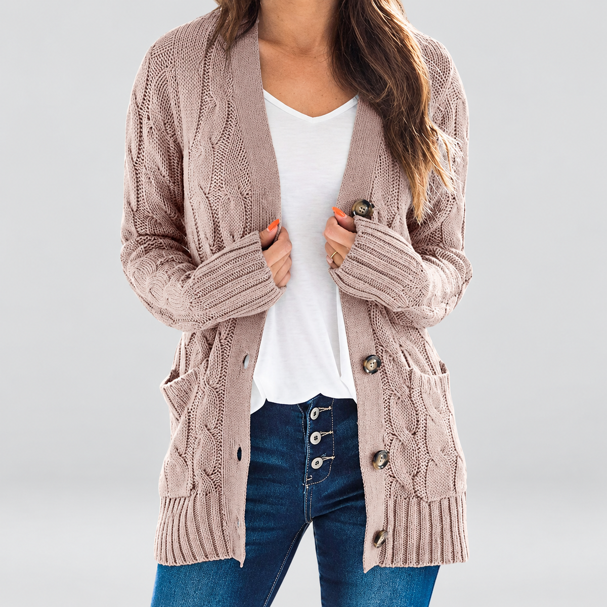 Karina | Women’s Long-Sleeve Button-Front Cable-Knit Cardigan — Brown