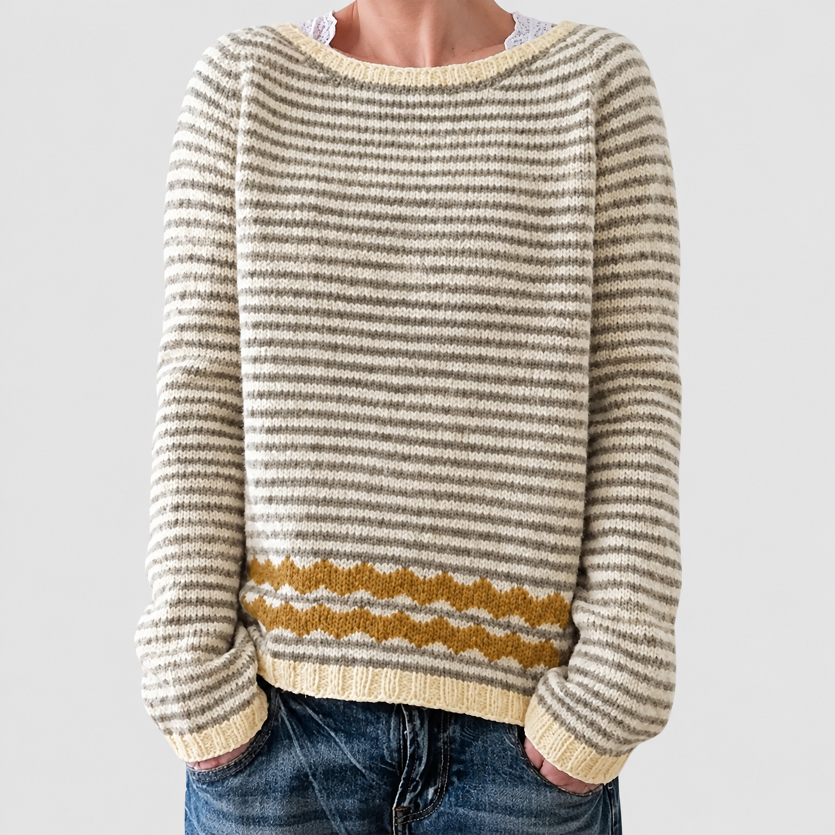Katarina | Women’s Striped Boat-Neck Knit Sweater — Yellow