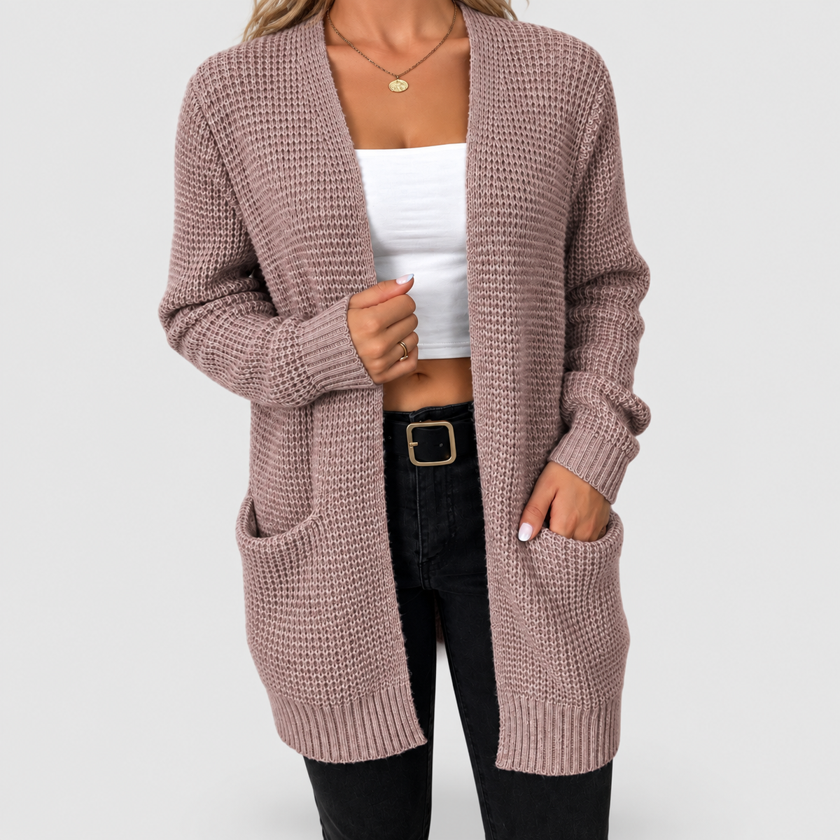 Kendra | Women’s Open-Front Knit Cardigan — Light Pink