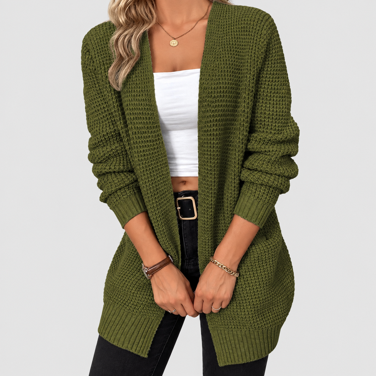Kendra | Women’s Open-Front Knit Cardigan — Green