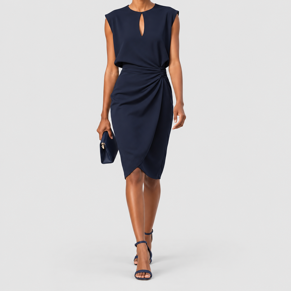 Kerensa | Women’s Keyhole-Neck Ruched-Waist Cocktail Midi Dress — Navy Blue