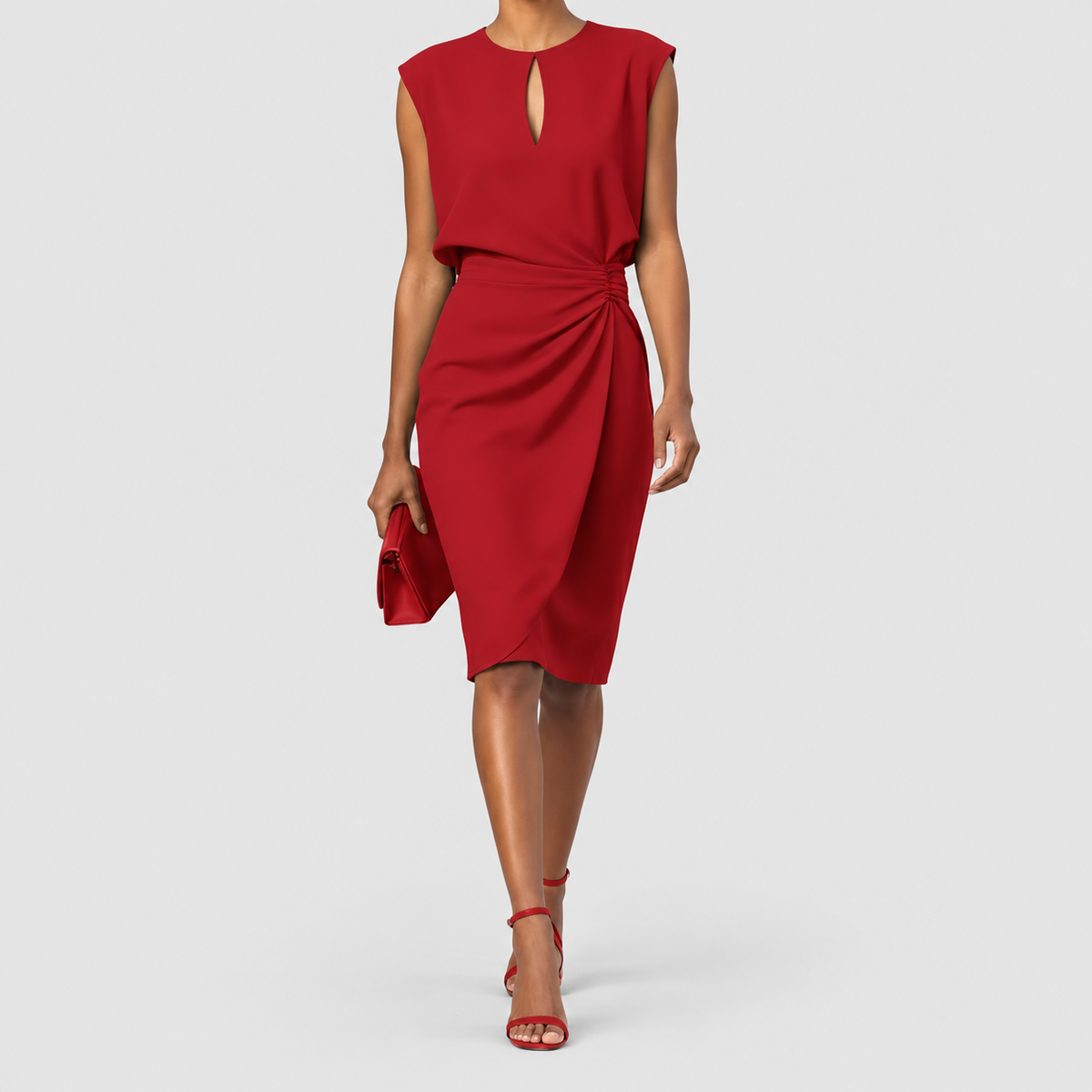 Kerensa | Women’s Keyhole-Neck Ruched-Waist Cocktail Midi Dress — Red