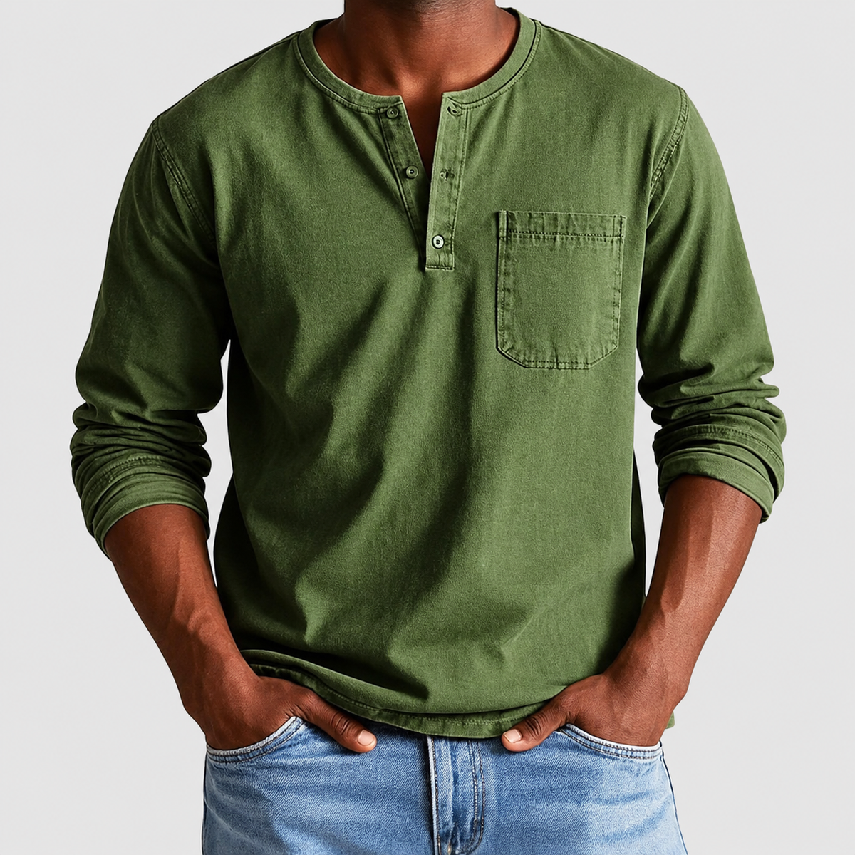 Kieran | Men’s Long-Sleeve Henley Shirt — Army Green