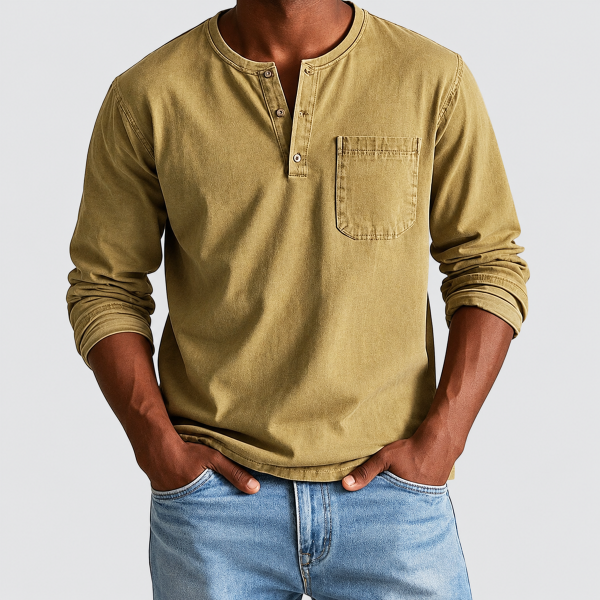Kieran | Men’s Long-Sleeve Henley Shirt — Khaki