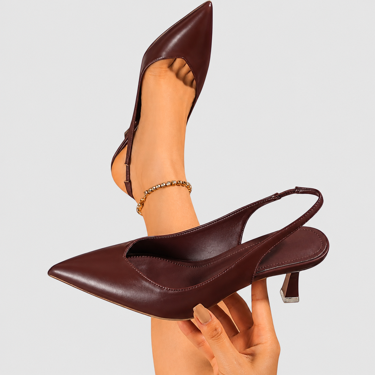 Kirsten | Women’s Pointed-Toe Slingback Kitten Heels — Nude Powder, Burgundy