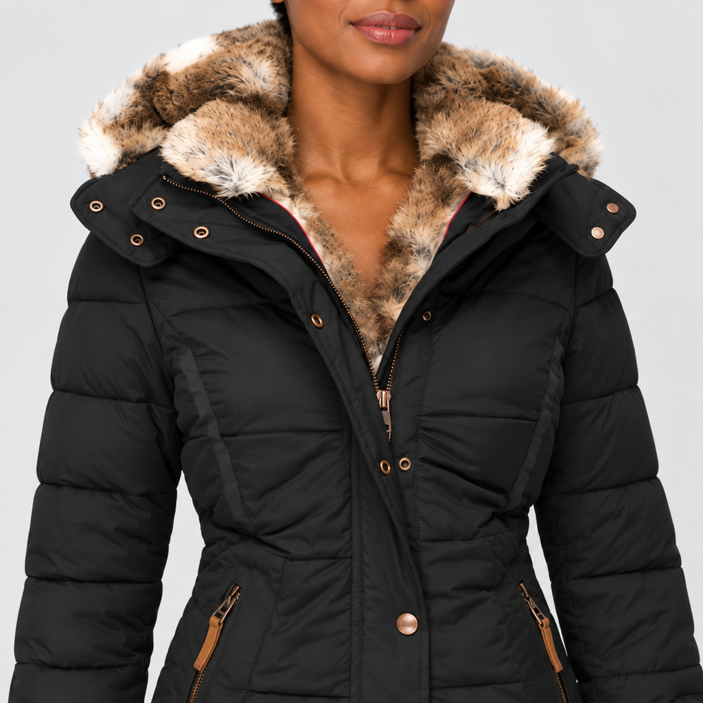 Fitted Padded Jacket with Lined Hood in black - detail view on model