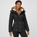 Fitted Padded Jacket with Lined Hood in black - front three-quarter view on model