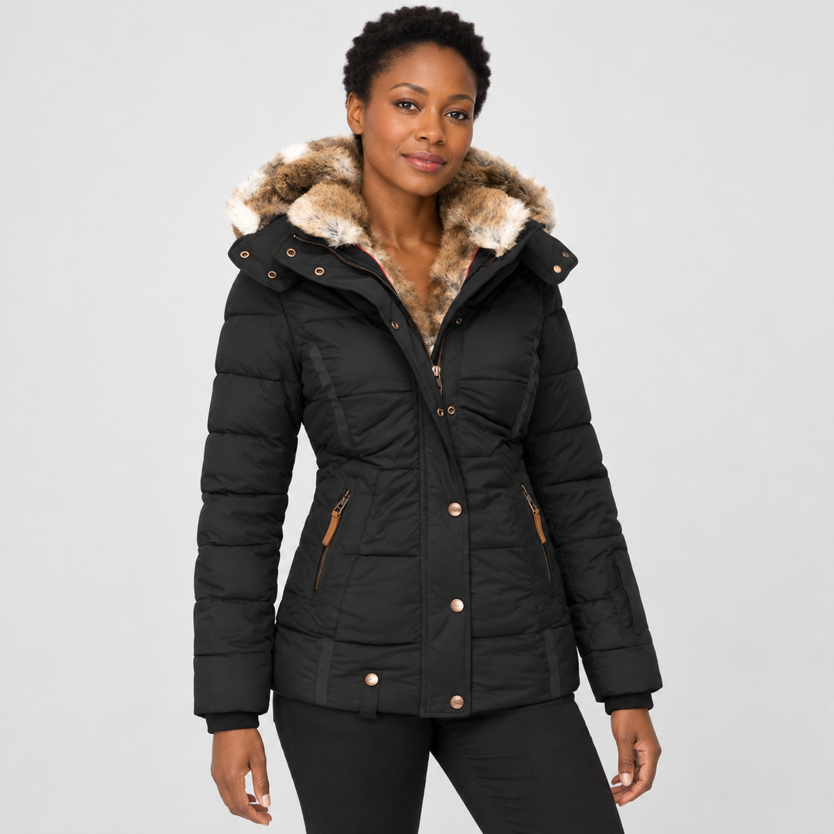 Fitted Padded Jacket with Lined Hood in black - front three-quarter view on model