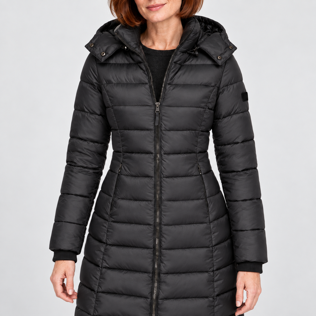 Longline Quilted Hooded Coat in black - detail view on model