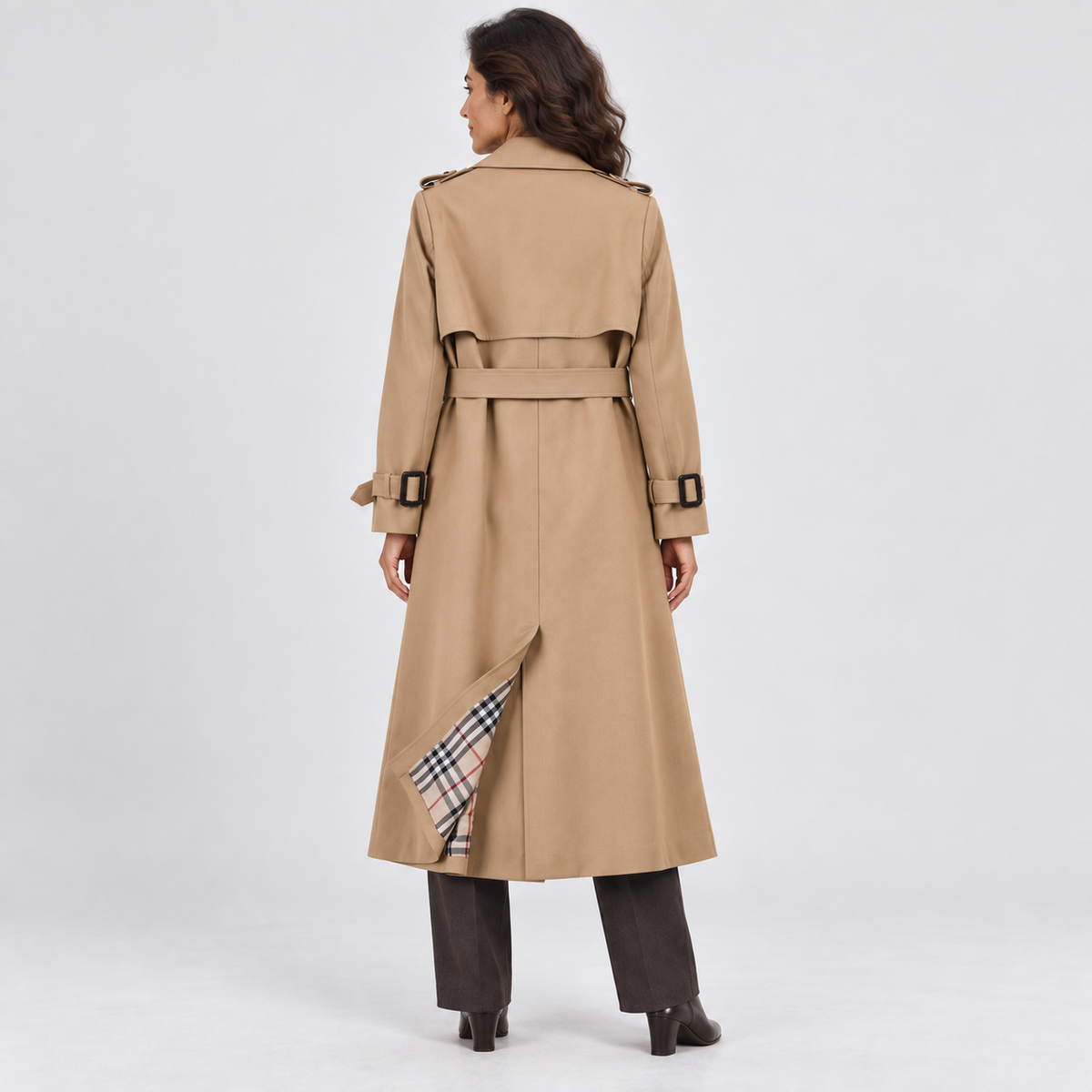 Double-Breasted Trench Coat with Belt in brown - rear view on model