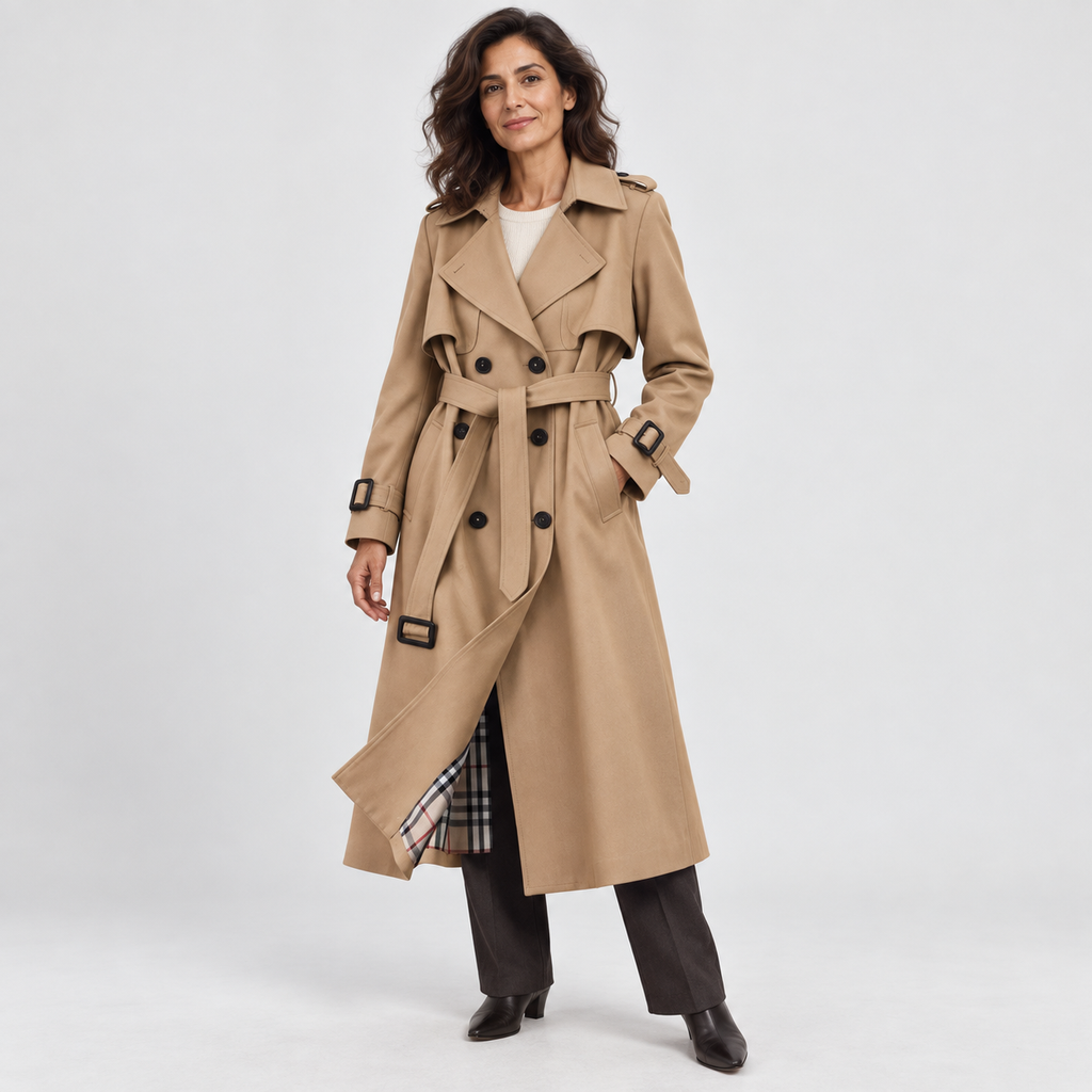 Double-Breasted Trench Coat with Belt in brown - front three-quarter view on model