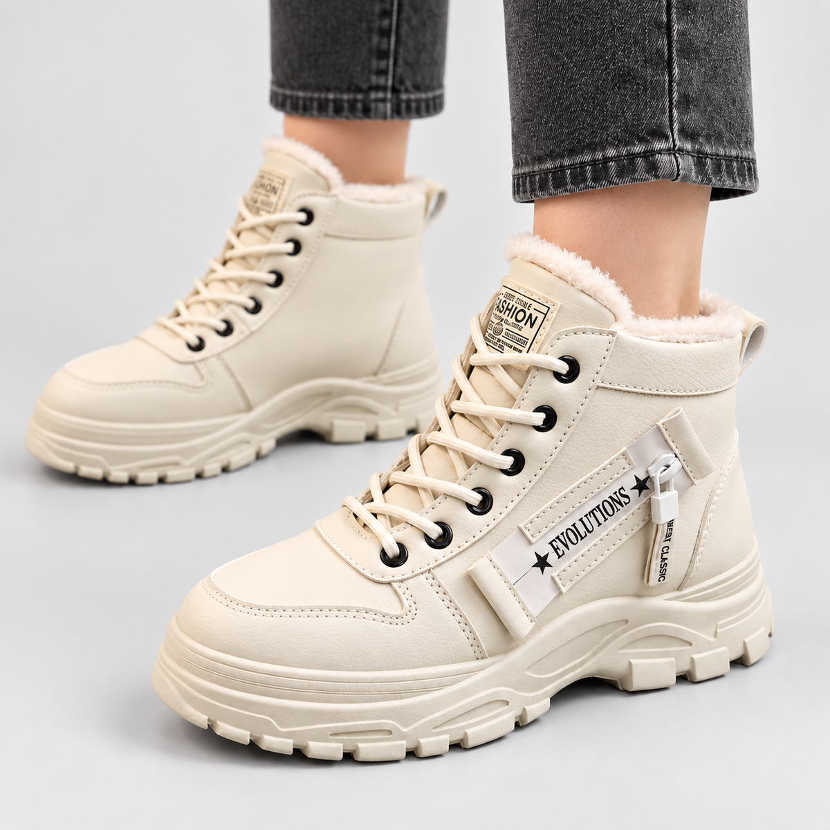 Fleece-Lined Lace-Up Ankle Boots in khaki - detail view on model