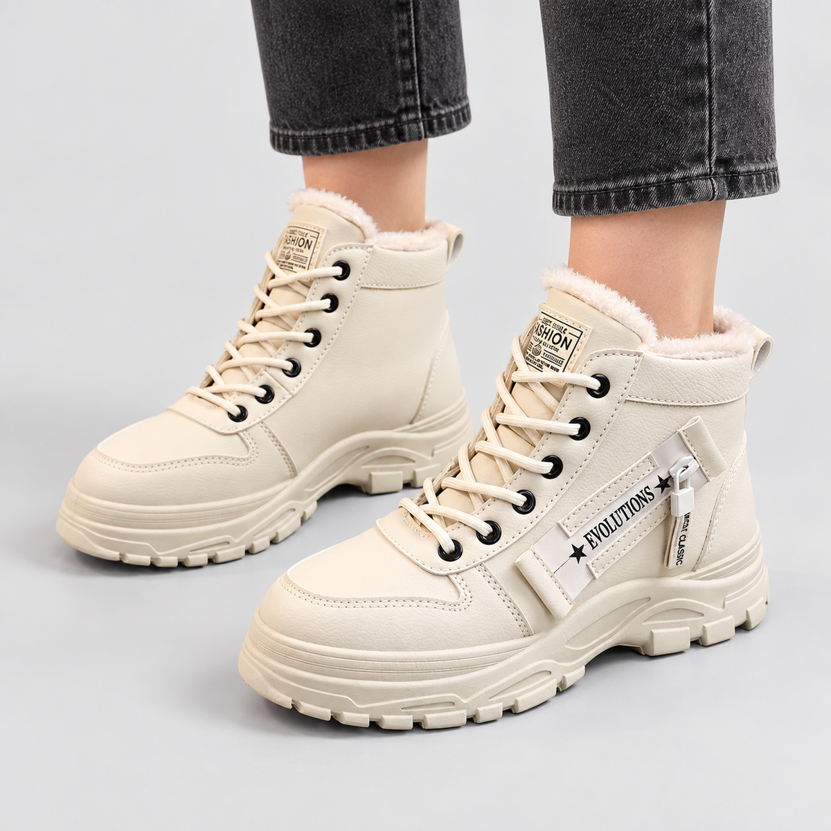 Fleece-Lined Lace-Up Ankle Boots in khaki - front three-quarter view on model