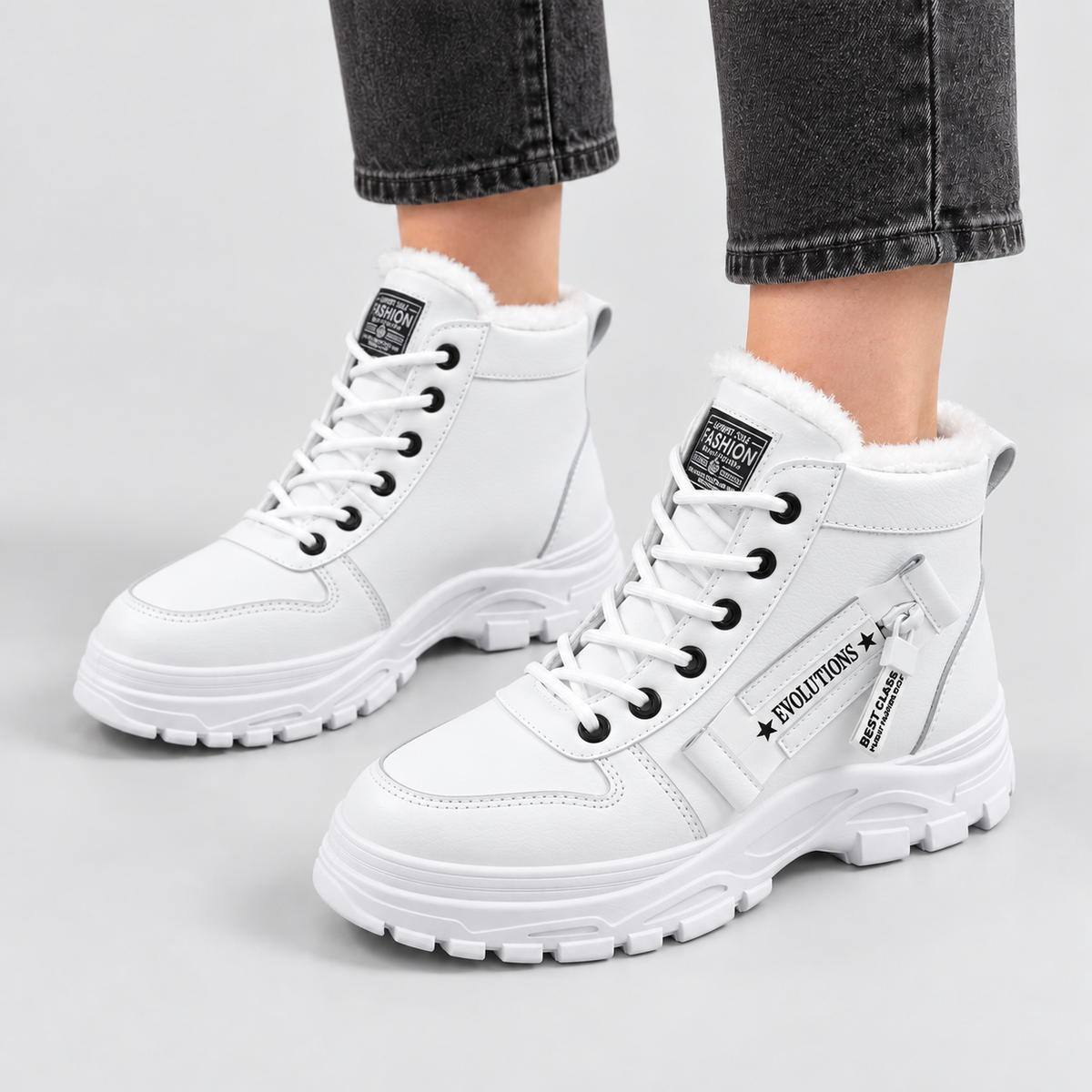 Fleece-Lined Lace-Up Ankle Boots in white - front three-quarter view on model