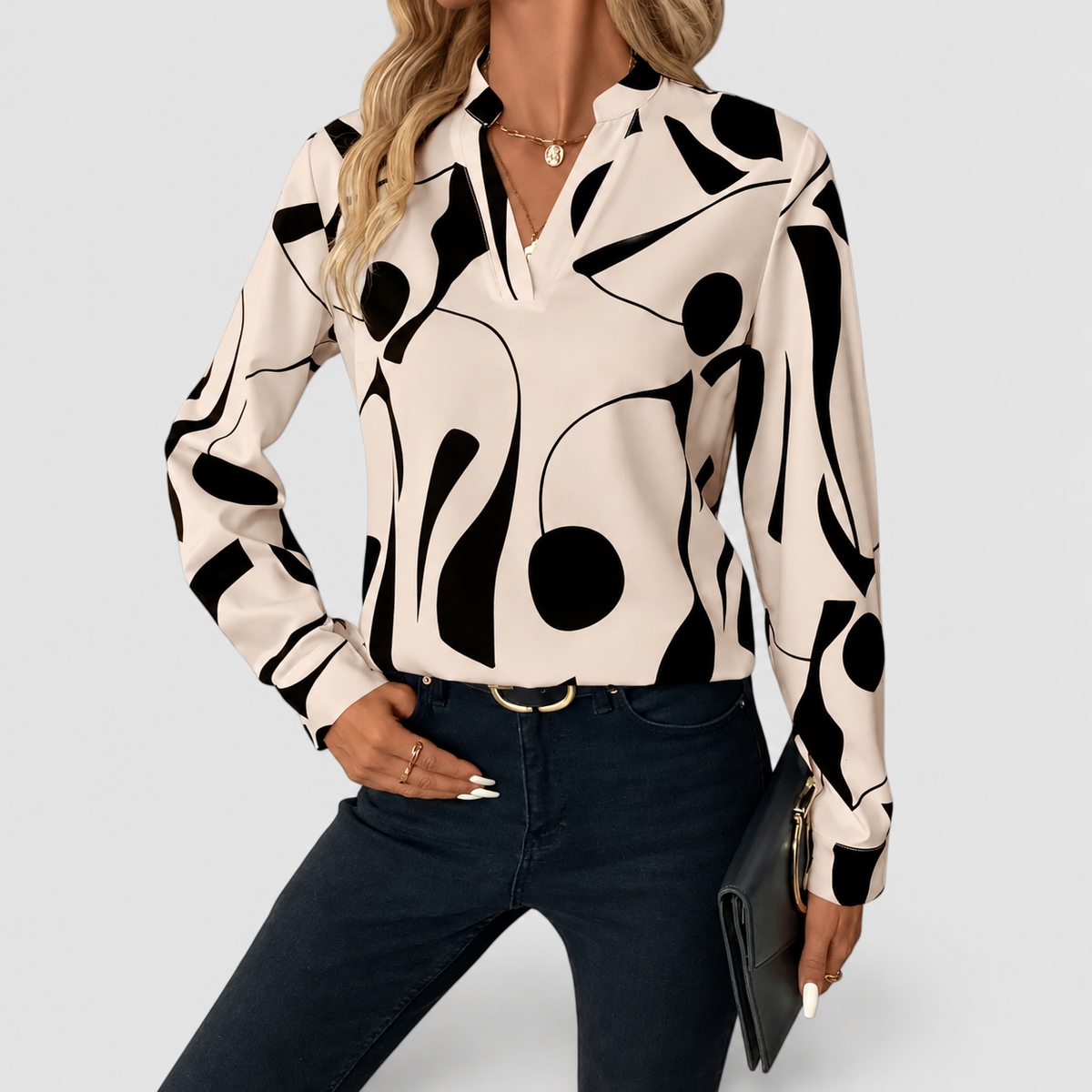 Larissa-May | Women’s Abstract-Print Split-Neck Blouse — Beige