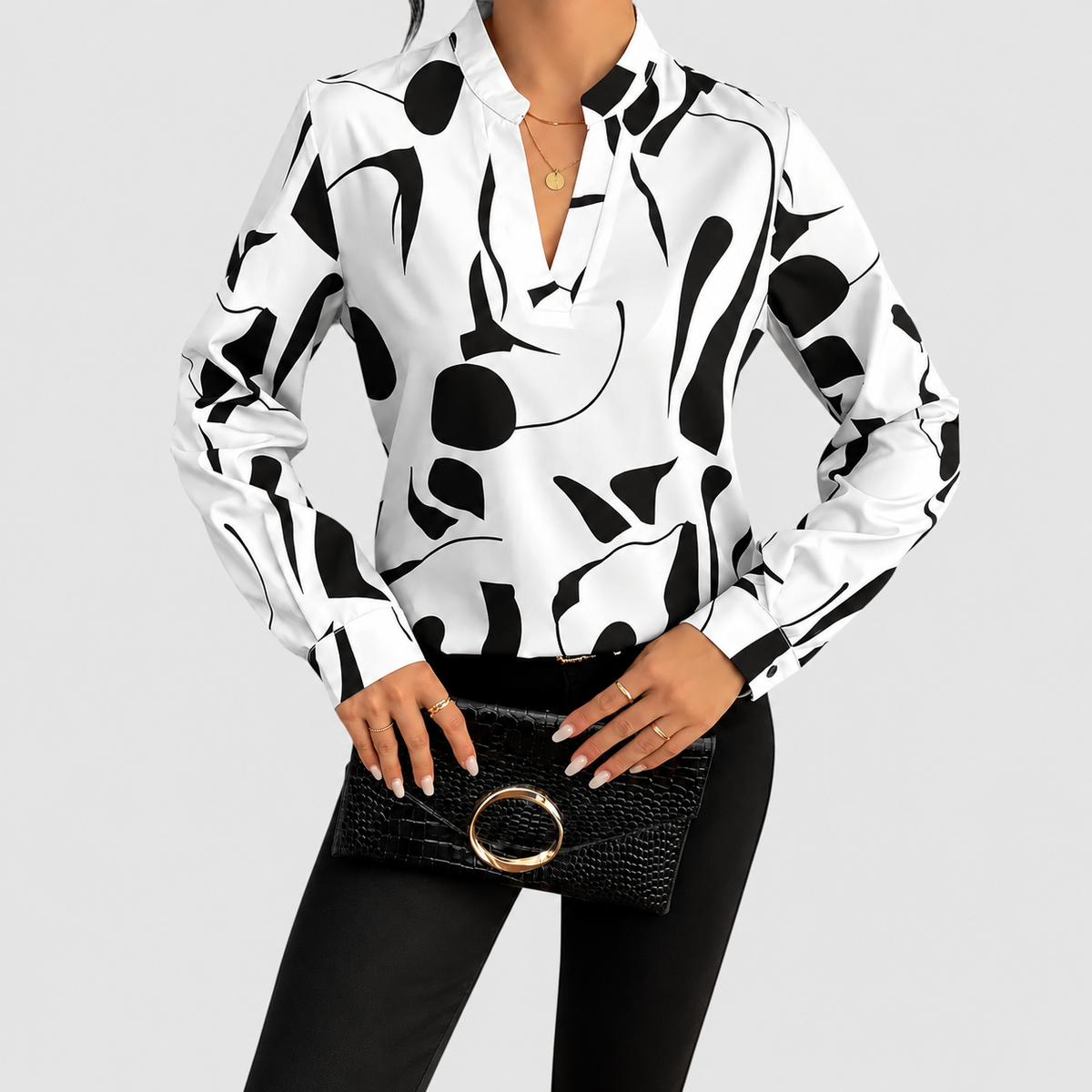 Larissa-May | Women’s Abstract-Print Split-Neck Blouse — White