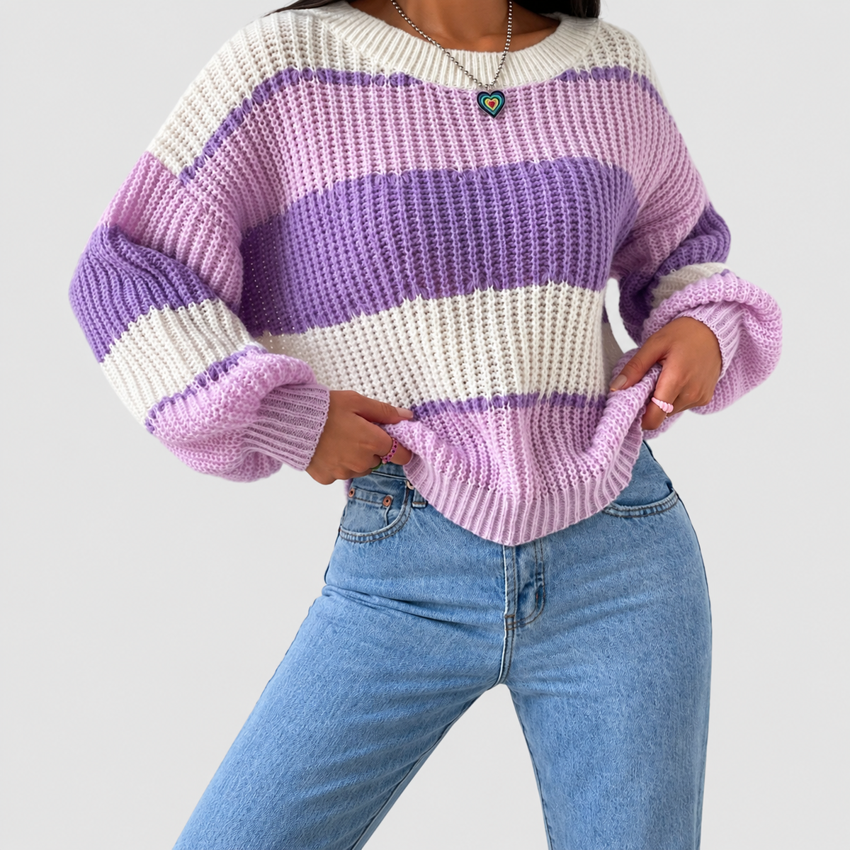 Laurel | Women’s Striped Chunky Knit Relaxed-Fit Pullover Sweater — Purple