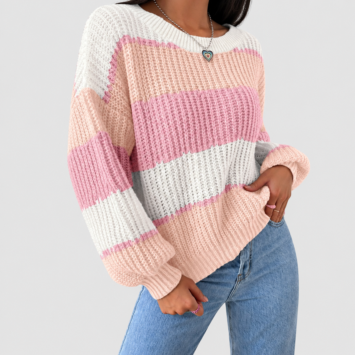 Laurel | Women’s Striped Chunky Knit Relaxed-Fit Pullover Sweater — Pink