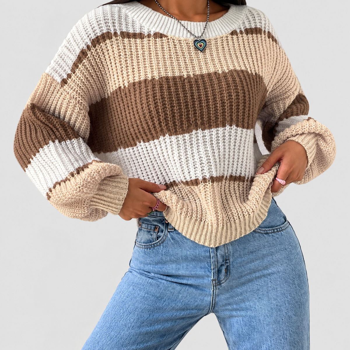 Laurel | Women’s Striped Chunky Knit Relaxed-Fit Pullover Sweater — Brown