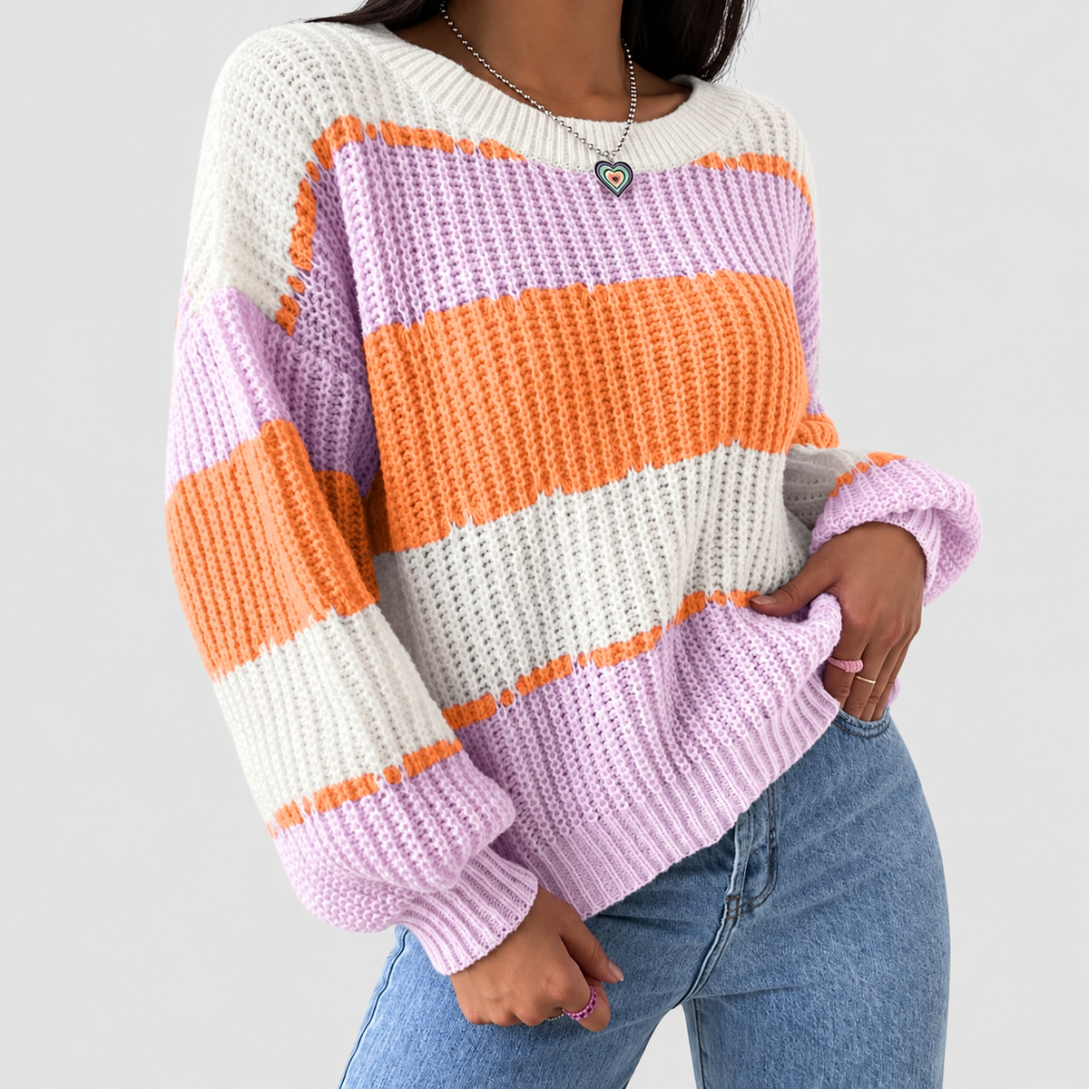 Laurel | Women’s Striped Chunky Knit Relaxed-Fit Pullover Sweater — Orange