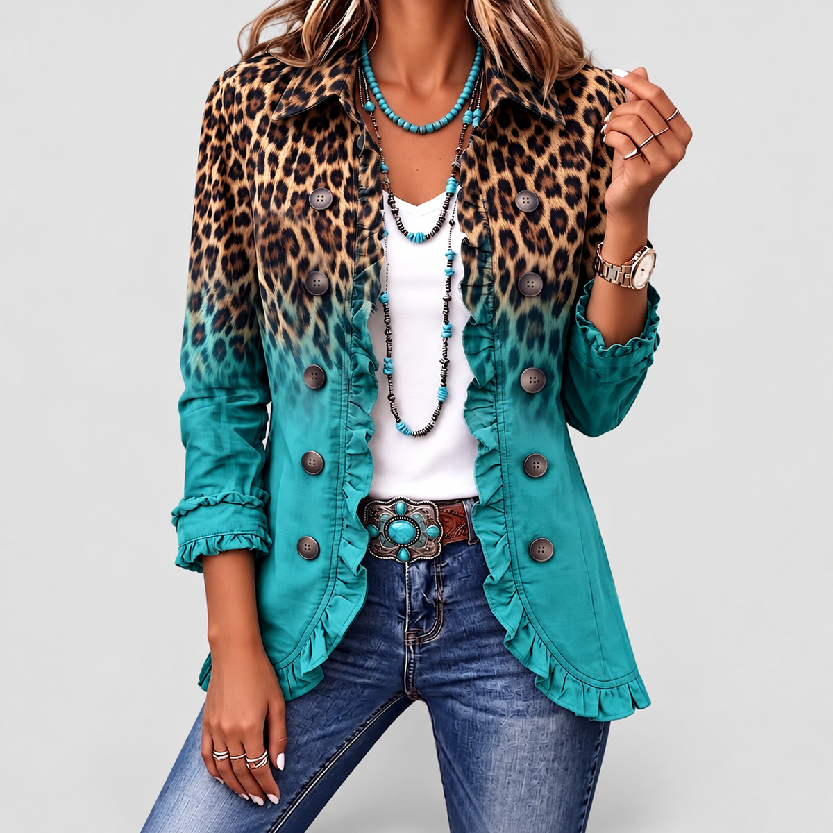 Lavinia-May | Women’s Leopard Ombre Ruffle Blazer Jacket — Turquoise