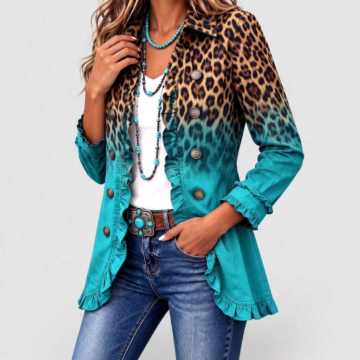 Lavinia-May | Women’s Leopard Ombre Ruffle Blazer Jacket — product detail 2