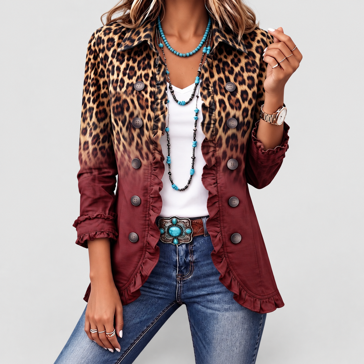 Lavinia-May | Women’s Leopard Ombre Ruffle Blazer Jacket — Wine