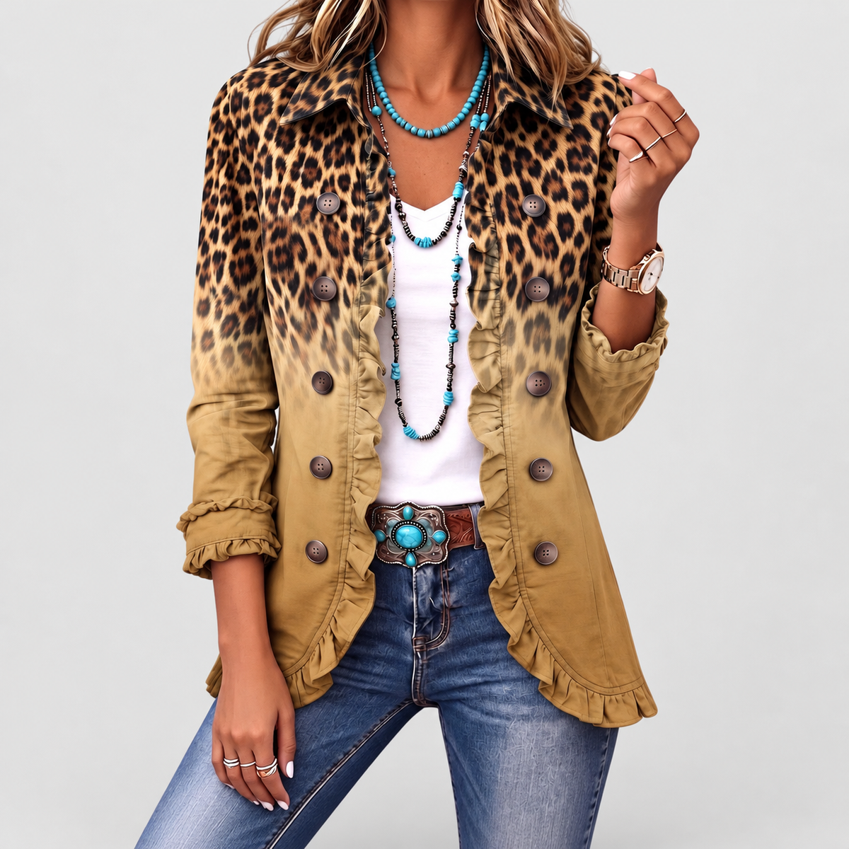 Lavinia-May | Women’s Leopard Ombre Ruffle Blazer Jacket — Ochre