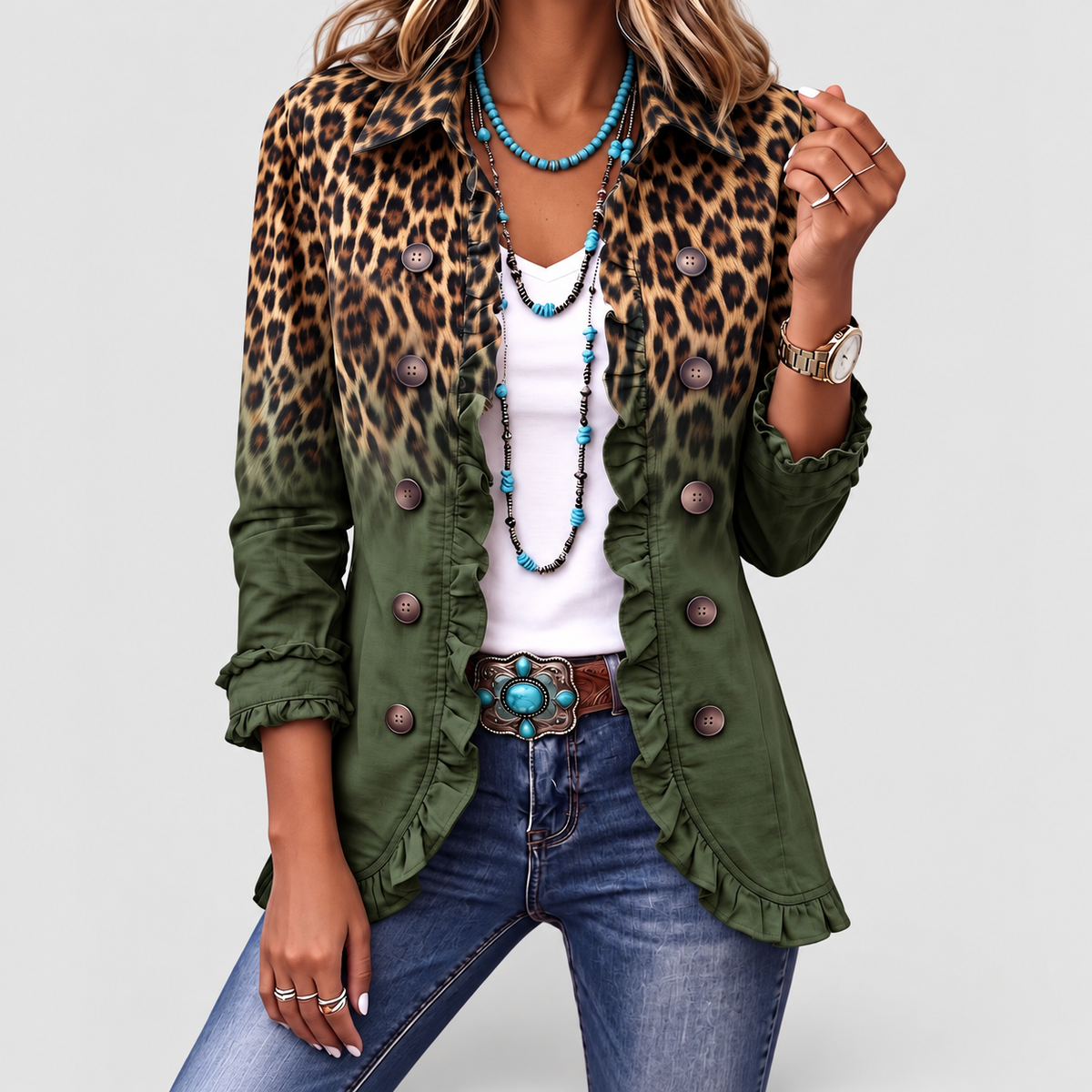Lavinia-May | Women’s Leopard Ombre Ruffle Blazer Jacket — Green