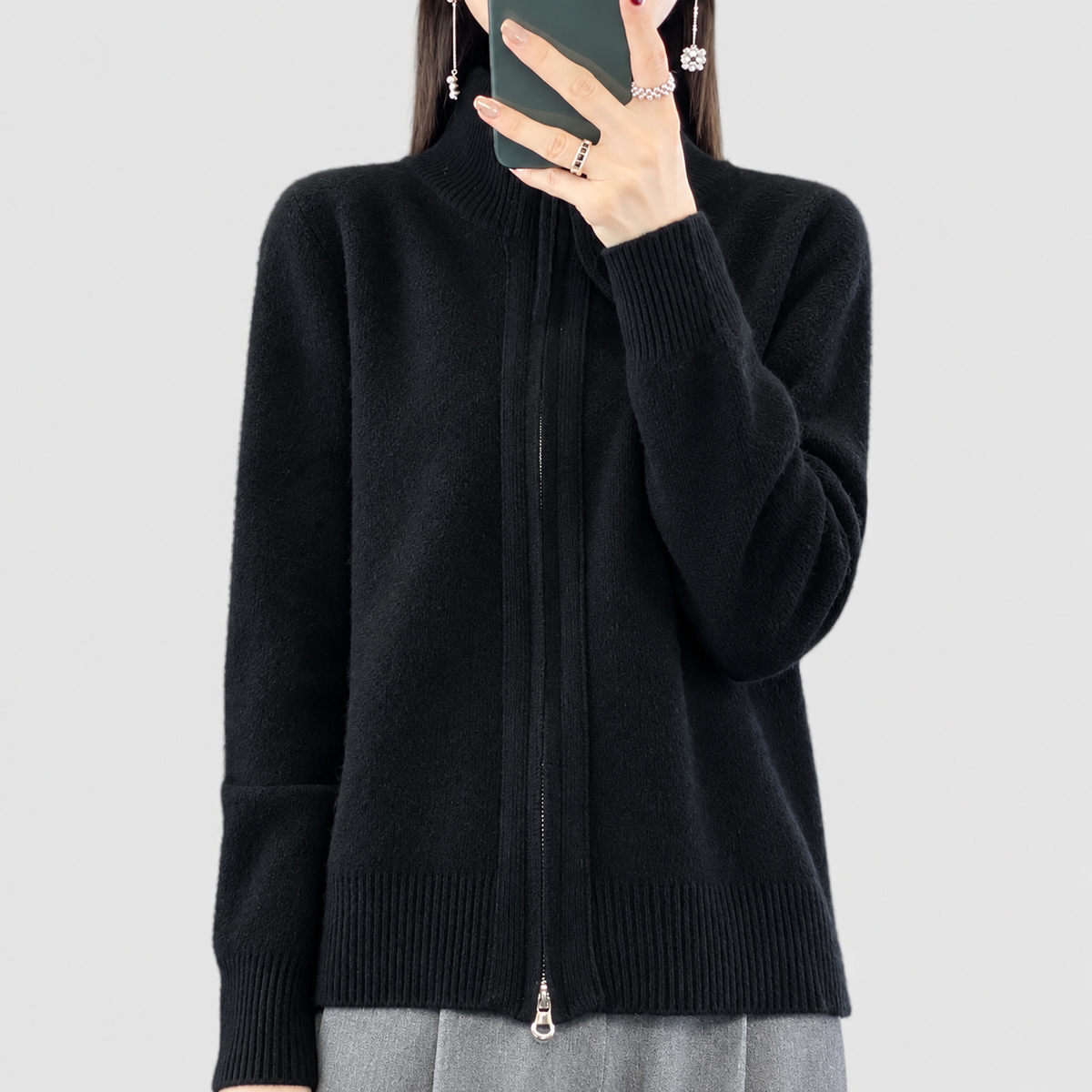 Leandra | Women’s Zip-Through Mock-Neck Cardigan — Black