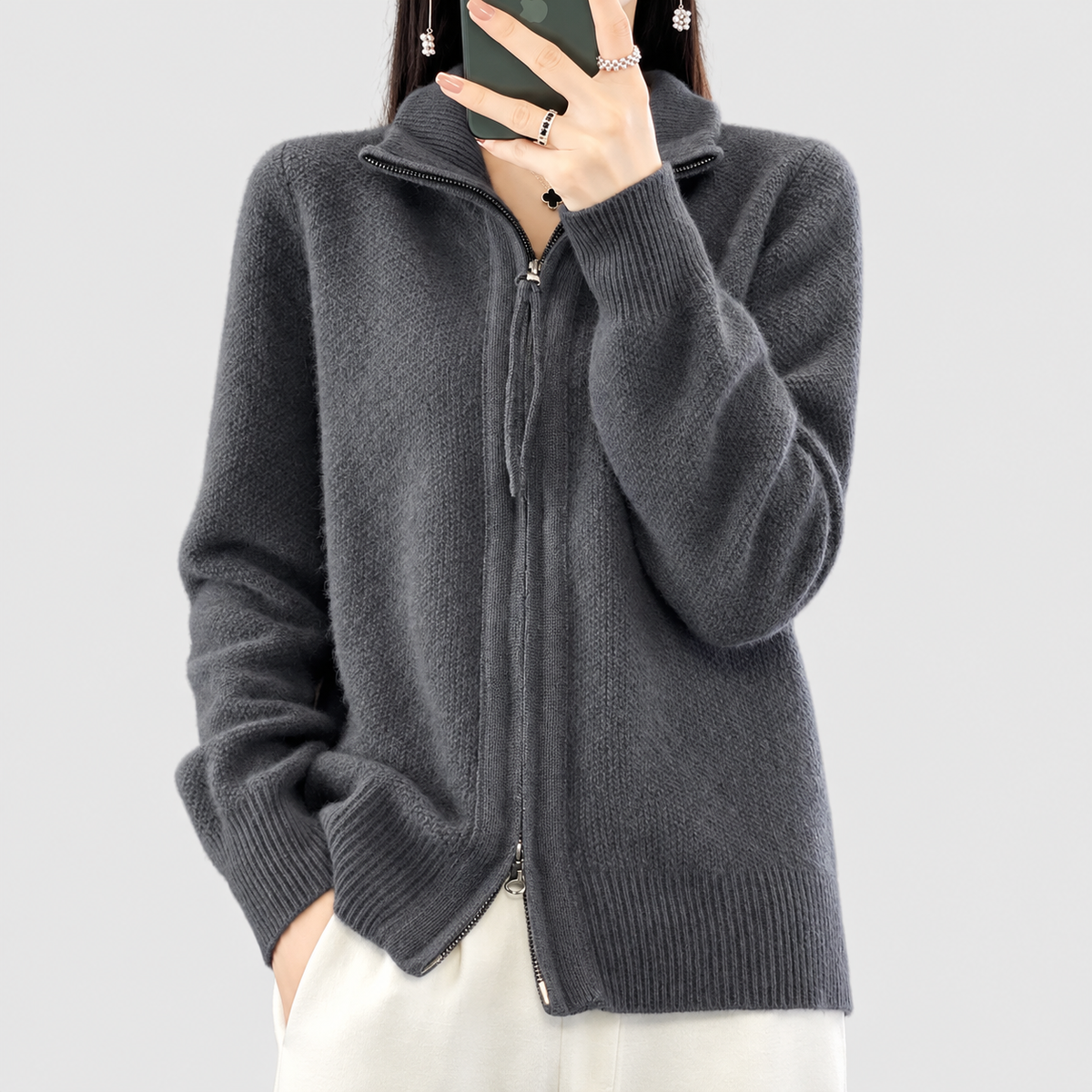 Leandra | Women’s Zip-Through Mock-Neck Cardigan — Grey