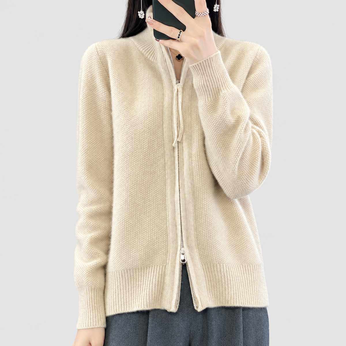 Leandra | Women’s Zip-Through Mock-Neck Cardigan — Taupe