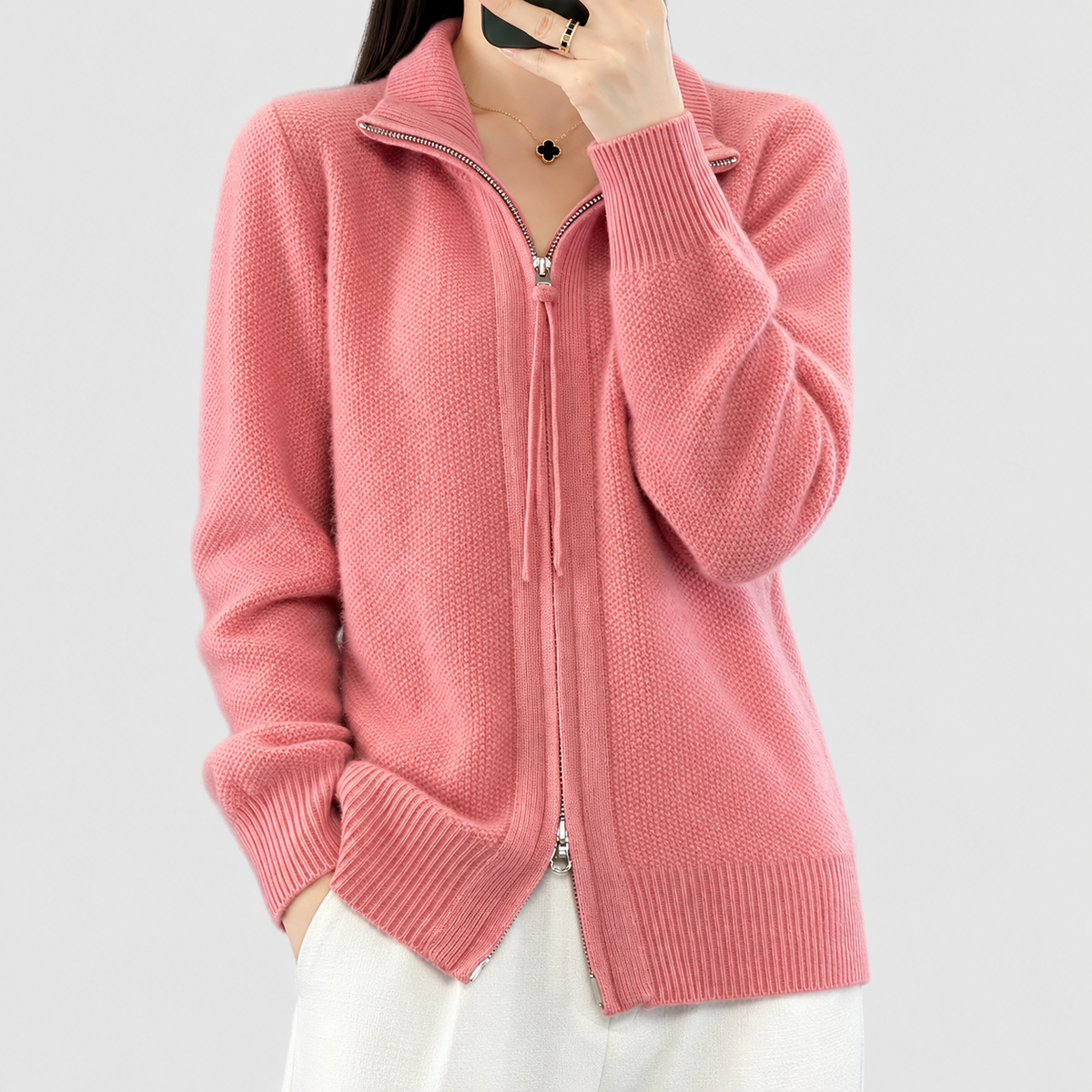 Leandra | Women’s Zip-Through Mock-Neck Cardigan — Pink