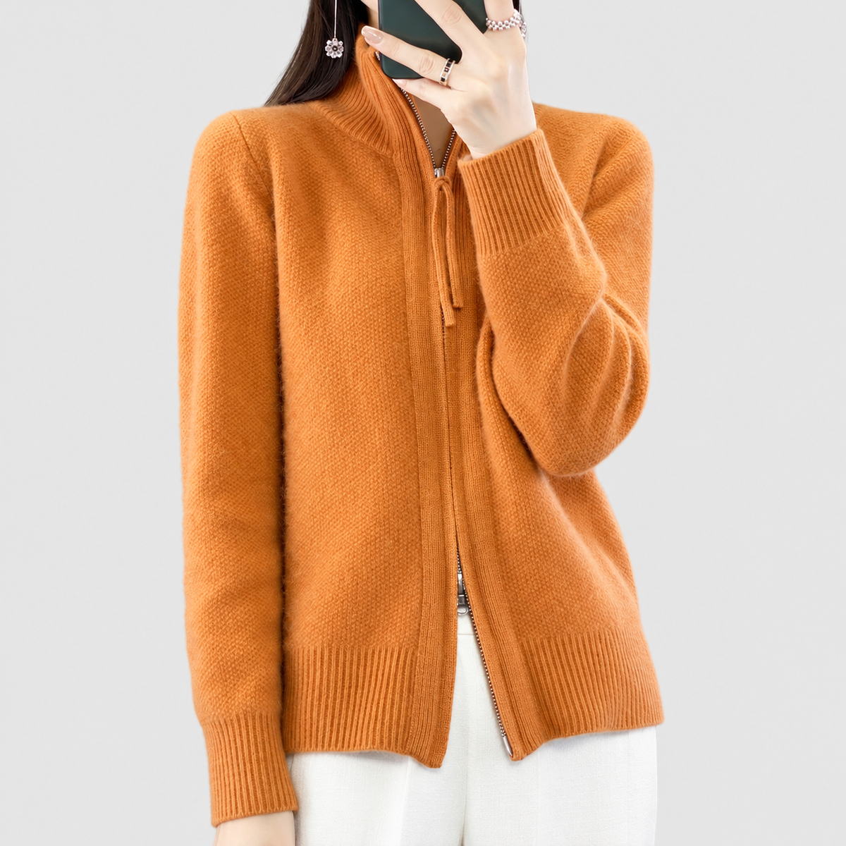 Leandra | Women’s Zip-Through Mock-Neck Cardigan — Orange